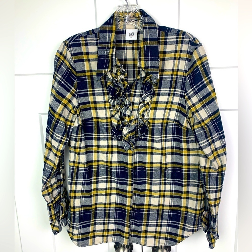 Cabi XS Seattle Shirt Blouse Yellow blue plaid ruffle academia